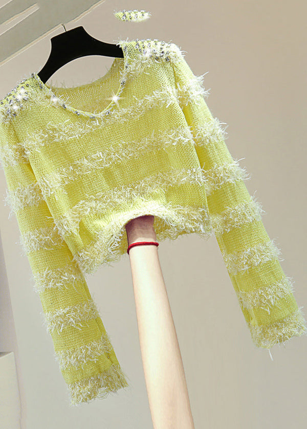 French Green V Neck Nail Bead Tassel Cotton Knit Sweaters Winter