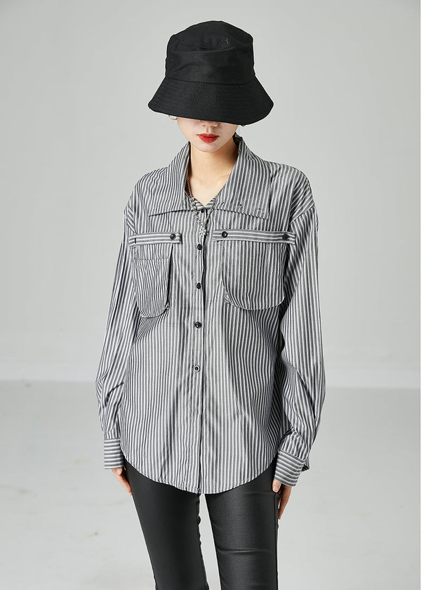 French Grey Peter Pan Collar Striped Pockets Cotton Shirt Spring