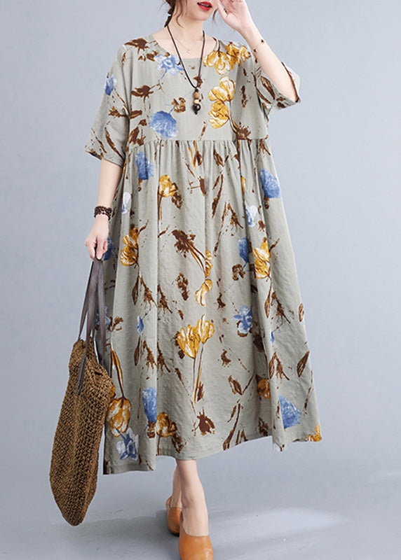 French Grey Print Wrinkled Long Dress Short Sleeve