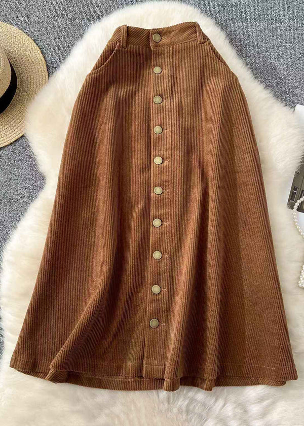 French Khaki Button Pockets High Waist Corduroy Skirts Winter