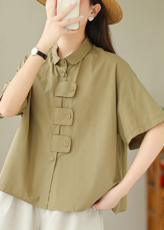 French Khaki Peter Pan Collar Button Cotton Blouses Summer