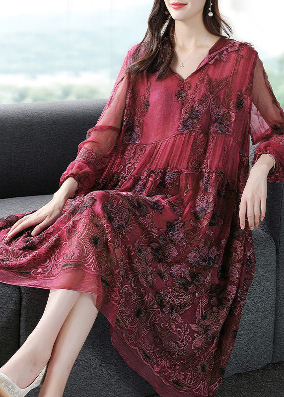 French Mulberry Hooded Embroidered Patchwork Silk Long Dresses Spring