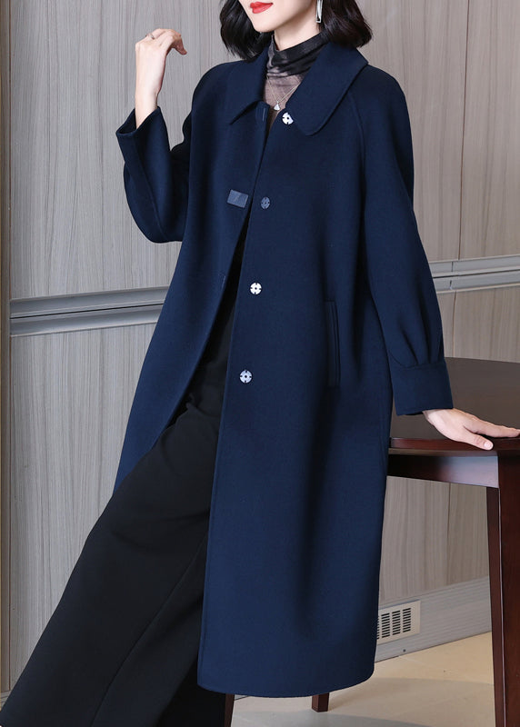 French Navy Button Pockets Wool Long Coats Spring