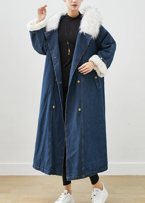 French Navy Fur Collar Thick Warm Fleece Denim Coats Fall