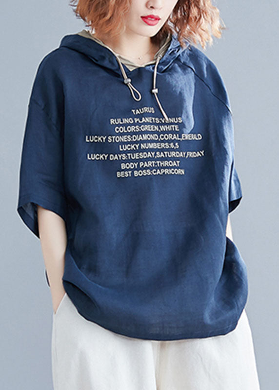 French Navy Hooded Letter Print Cotton Loose Sweatshirts Top Short Sleeve