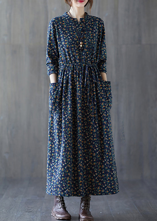 French Navy Print Lace Up Patchwork Cotton Long Dress Fall