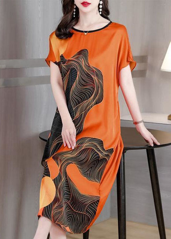 French Orange O Neck Print Patchwork Silk Dress Short Sleeve