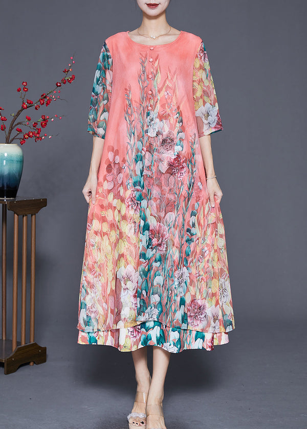 French Orange Print Chiffon Beach Dress Summer