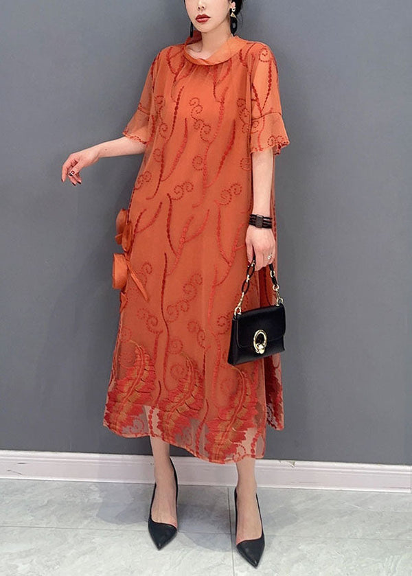 French Orange Stand Collar Embroidered Tulle Dresses Summer