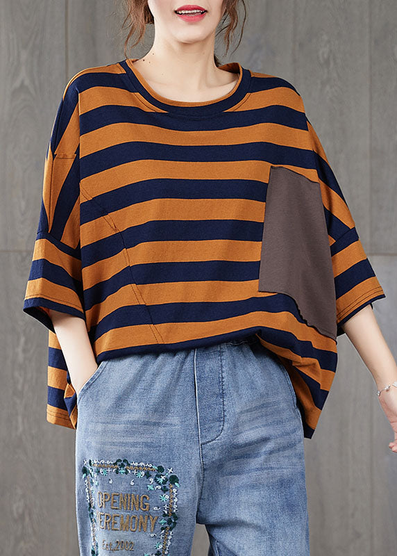 French Orange Striped O Neck Patchwork Cotton T Shirt Top Summer