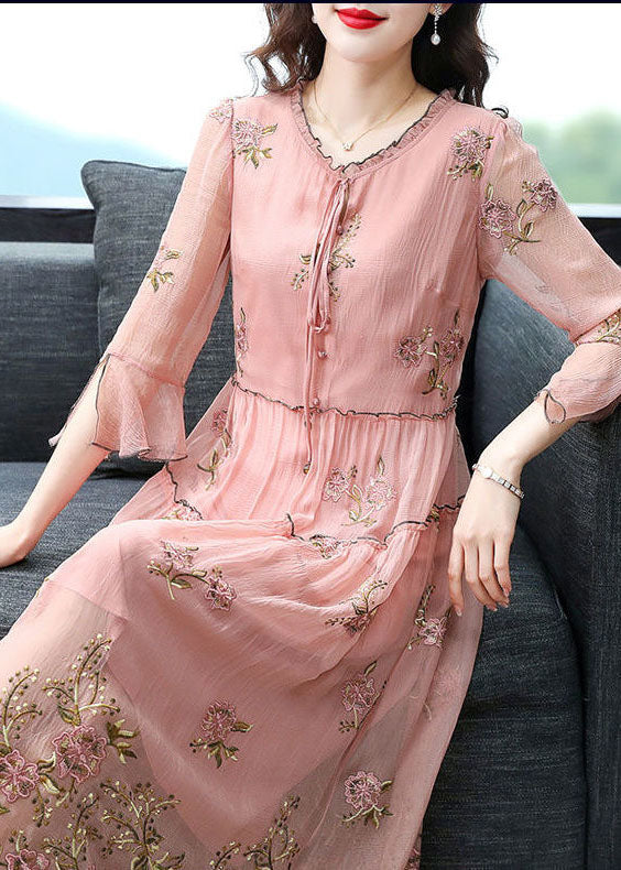 French Pink Ruffled Collar Embroidered Silk Maxi Dresses Flare Sleeve