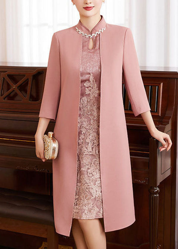 French Pink Stand Collar Embroidered Patchwork Zircon Silk Cheongsam Dresses Long Sleeve