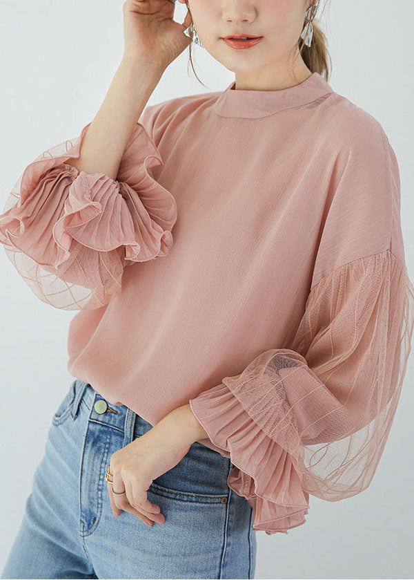 French Pink Stand Collar Patchwork Ruffles Cotton Shirts Puff Sleeve