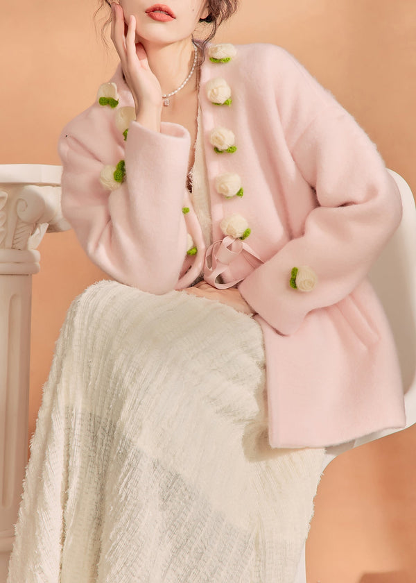 French Pink V Neck Floral Button Woolen Coat Winter