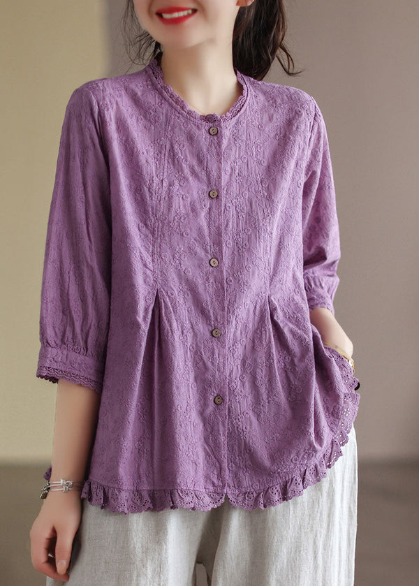 French Purple Embroidered Lace Patchwork Wrinkled Cotton Shirt Tops Bracelet Sleeve