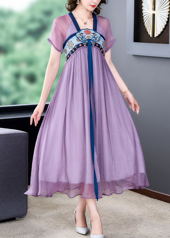 French Purple Embroidered Lace Up Wrinkled Patchwork Chiffon Dress Summer