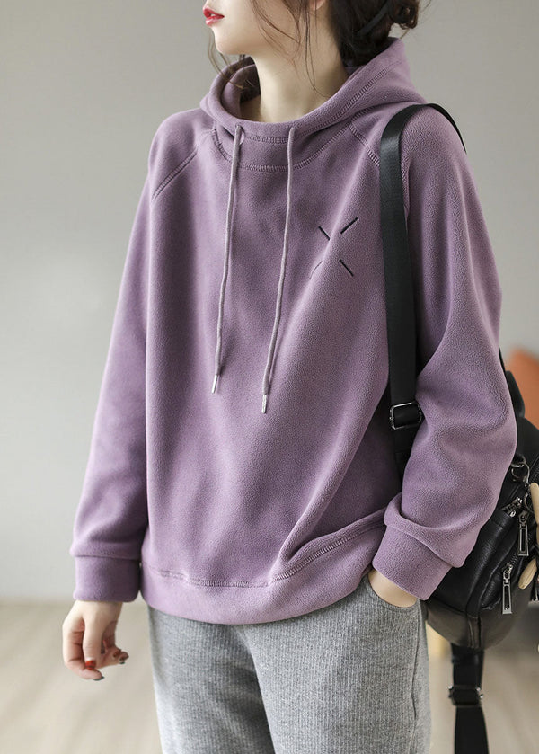 French Purple Hooded Embroidered Fleece Wool Lined Pullover Sweatshirt Spring