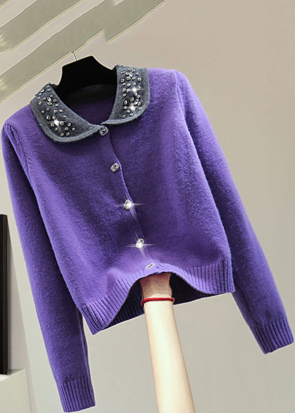 French Purple Peter Pan Collar Nail Bead Cotton Knit Sweaters Winter