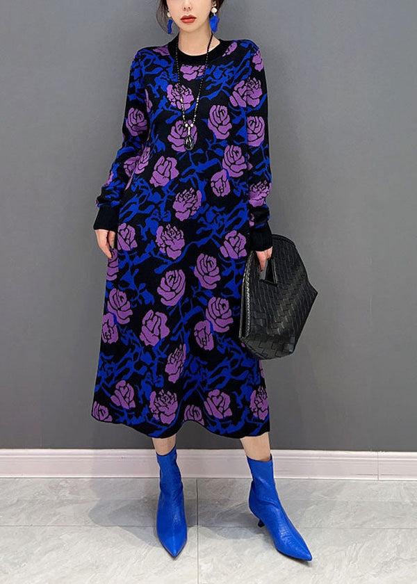 French Purple Rose Print Slim Fit Knit Long Dress Spring