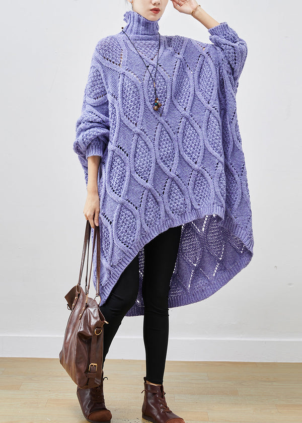 French Purple Turtle Neck Low High Design Cable Long Knit Dress Winter