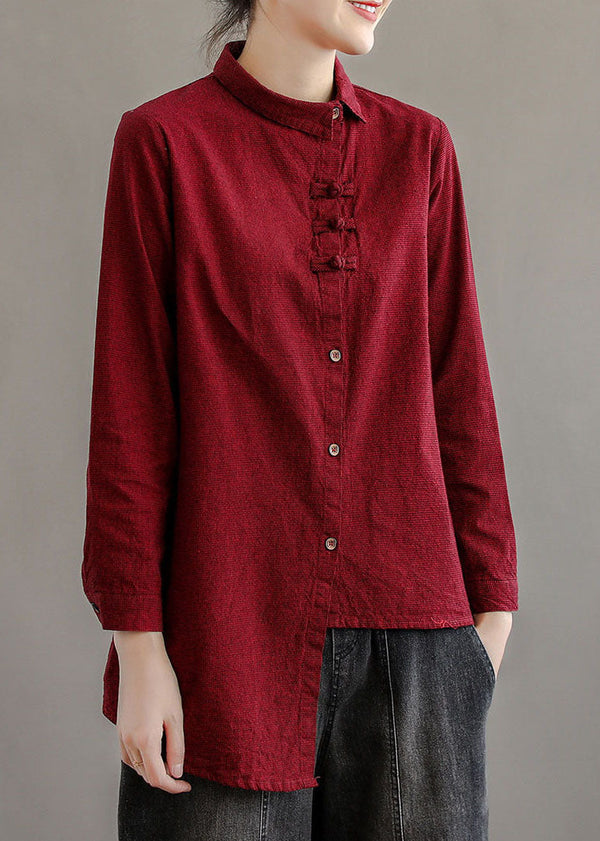 French Red Peter Pan Collar Patchwork Cotton Shirt Top Long Sleeve