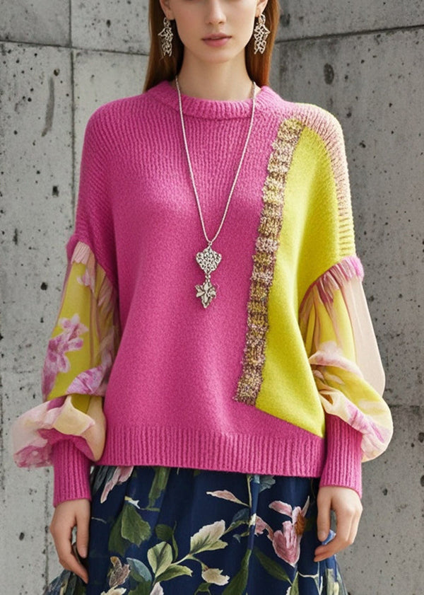 French Rose Asymmetrical Patchwork Short Sweater Fall