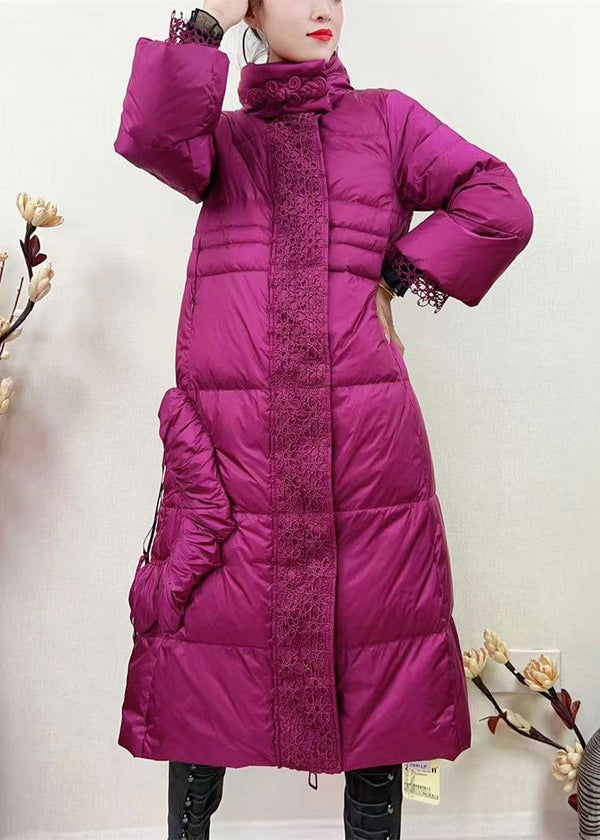 French Rose Zippered Lace Patchwork Duck Down Long Coat Winter