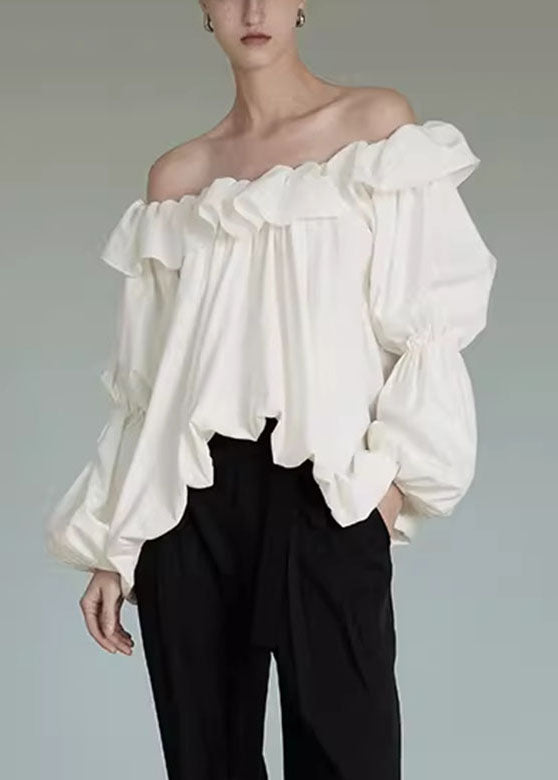 French White Cold Shoulder Ruffled Patchwork Tops Lantern Sleeve