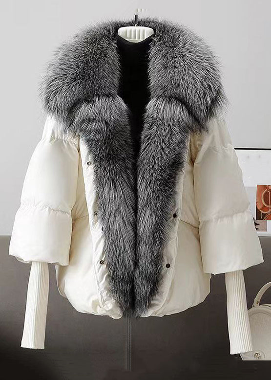 French White Fur Collar Button Duck Down Coats Winter