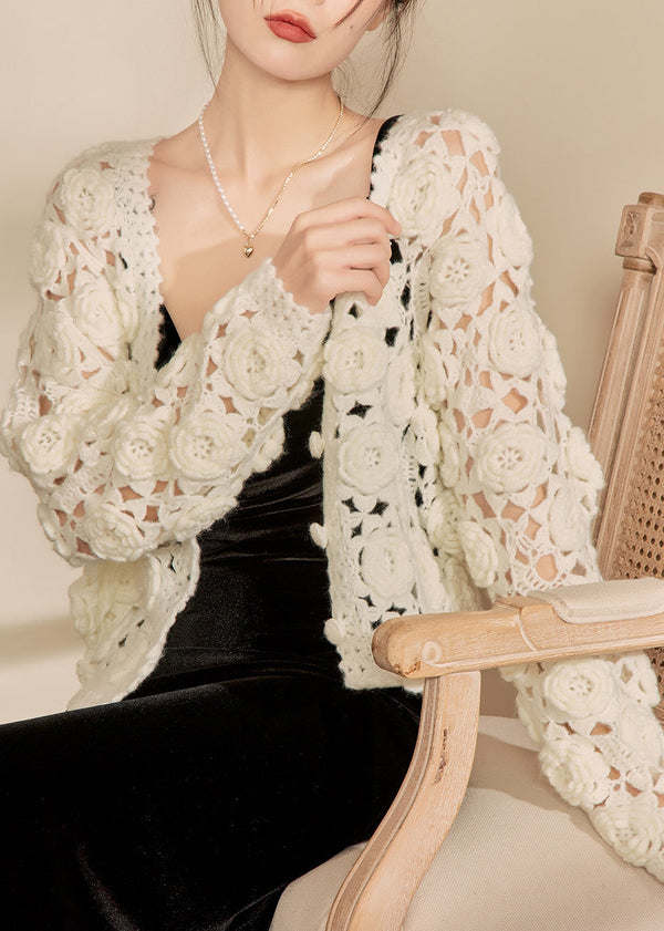 French White Hollow Out Cotton Knit Cardigan Fall