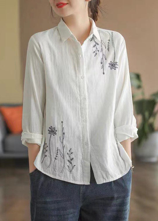 French White Peter Pan Collar Embroidered Cotton Shirt Tops Spring