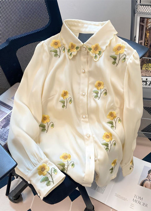 French Yellow Floral Embroidered Patchwork Silk Shirt Tops Spring