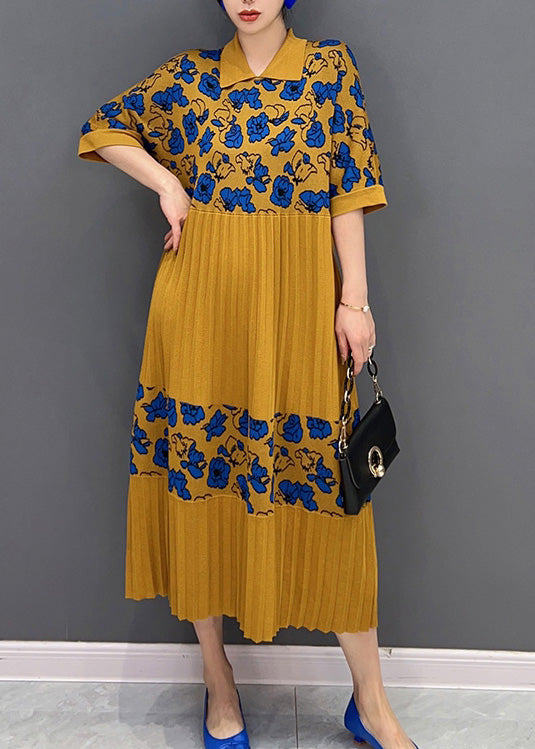 French Yellow Peter Pan Collar Print Knit Patchwork Maxi Dress Half Sleeve