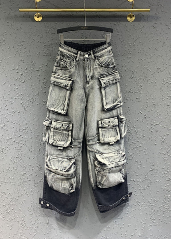 Gradient Color Grey Pockets Patchwork Straight Jeans Fall