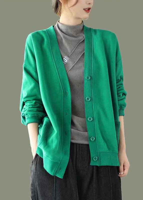 Green Button Pockets Patchwork Warm Fleece Sweatshirt Coat V Neck Long Sleeve