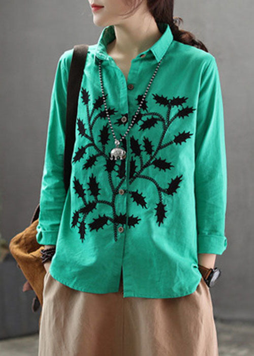 Green Cotton Blouses Turn-down Collar Branch Embroidered Long Sleeve