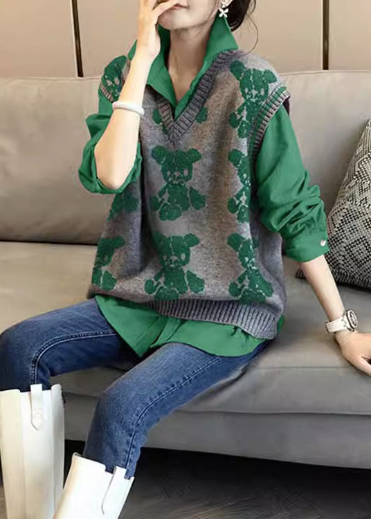 Green Knitted Vest Shirt Casual Age Reducing Two Piece Set Autumn New