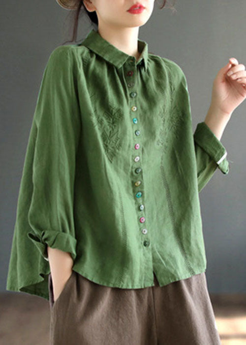 Green Linen Loose Shirts Embroidered Button Fall