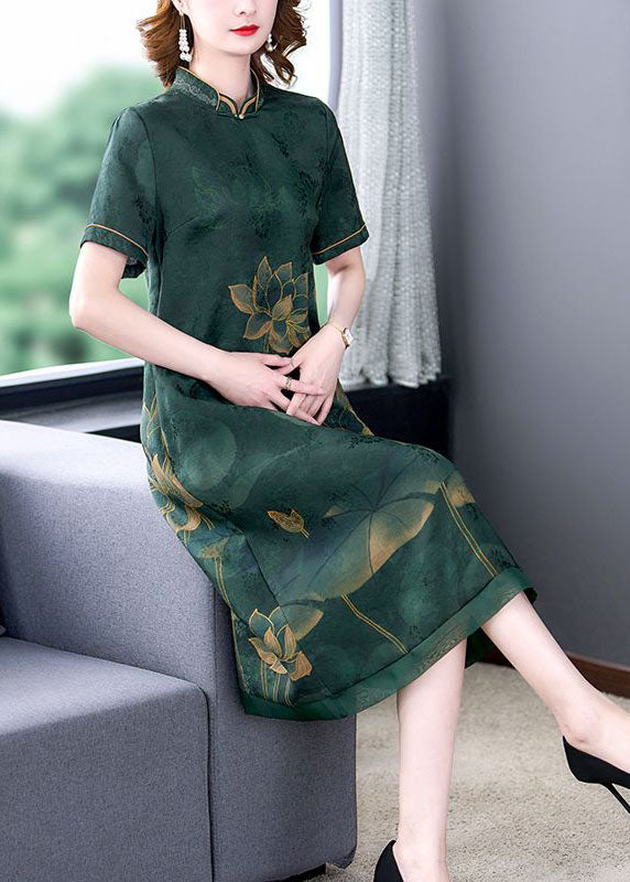 Green Lotus Print Silk A Line Skirts Stand Collar Summer