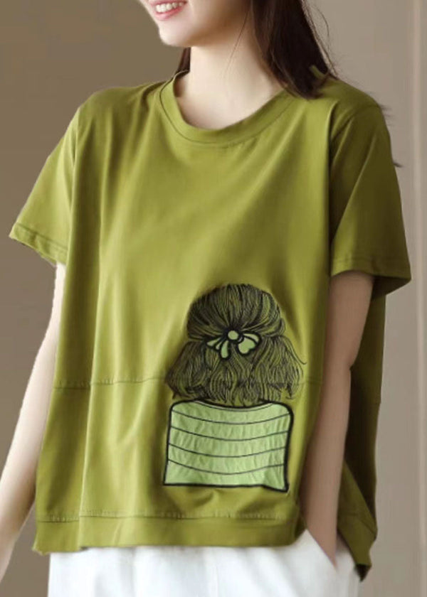 Green Patchwork Cotton T Shirt Top Embroidered Short Sleeve