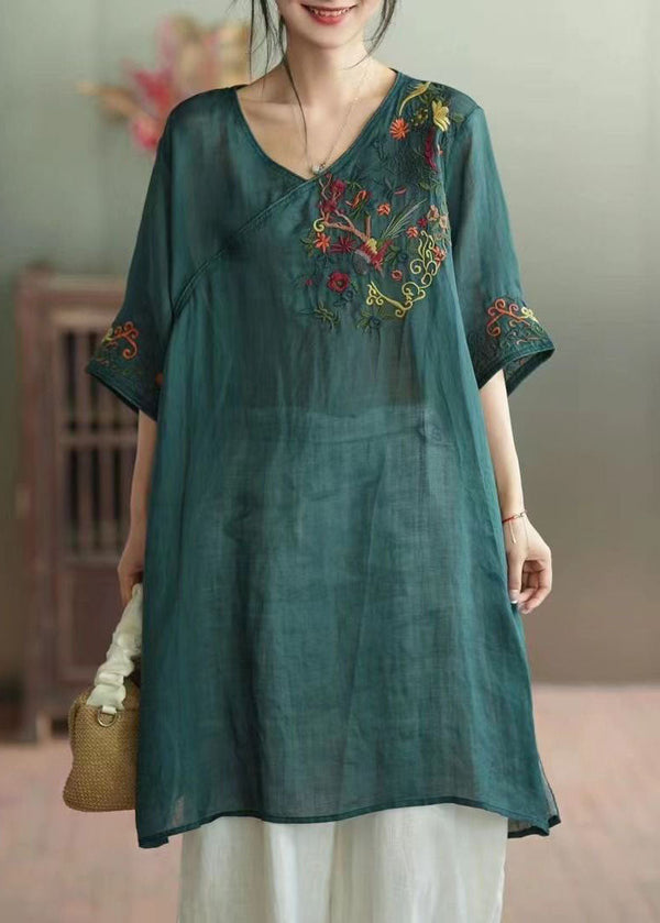 Green Patchwork Linen Mid Dress V Neck Embroidered Summer