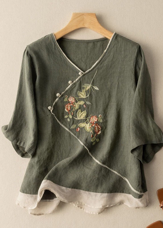 Green Patchwork Linen Top V Neck Embroidered Summer