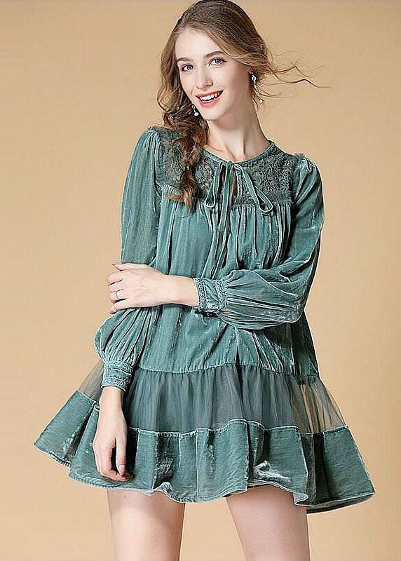 Green Patchwork Velour Day Dress Embroidered Hollow Out Spring