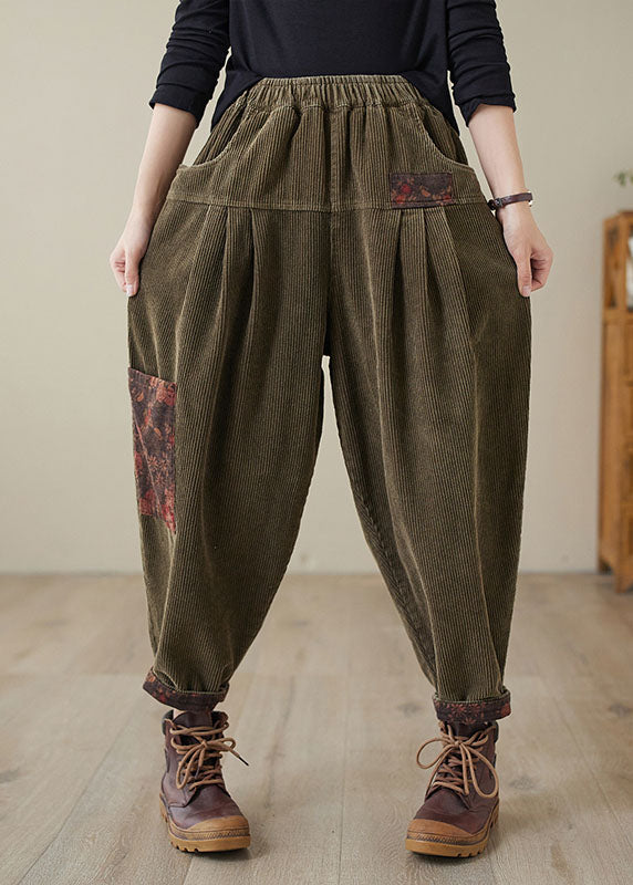 Green Pockets Elastic Waist Corduroy Fleece Pants