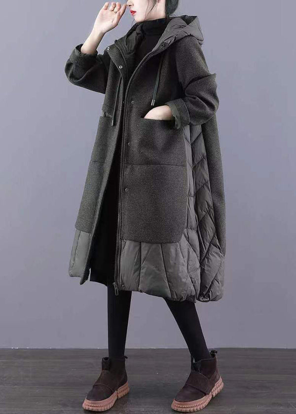 Green Pockets Patchwork Thick Woolen Long Coat Zip Up Long Sleeve