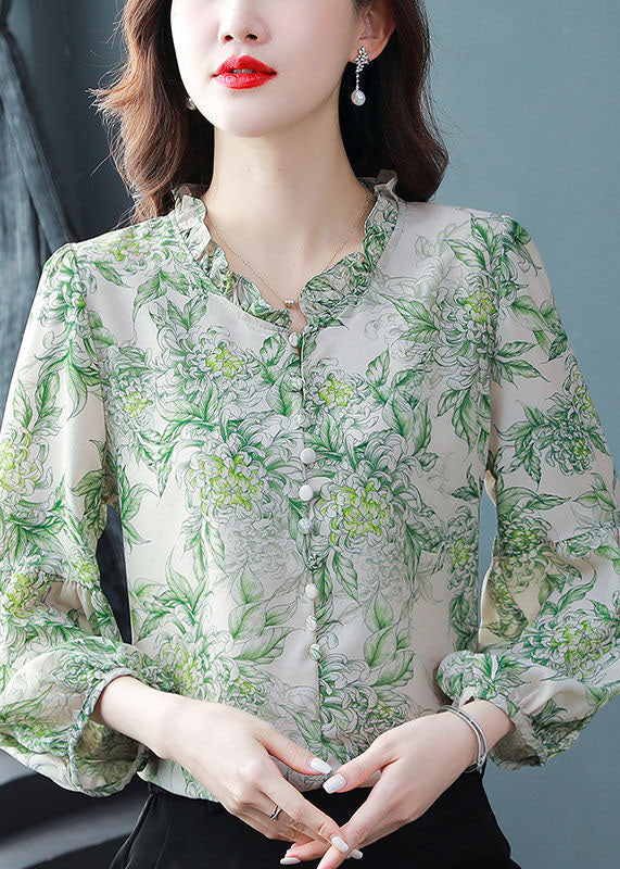 Green Print Chiffon Shirt Top Oversized Ruffled Spring