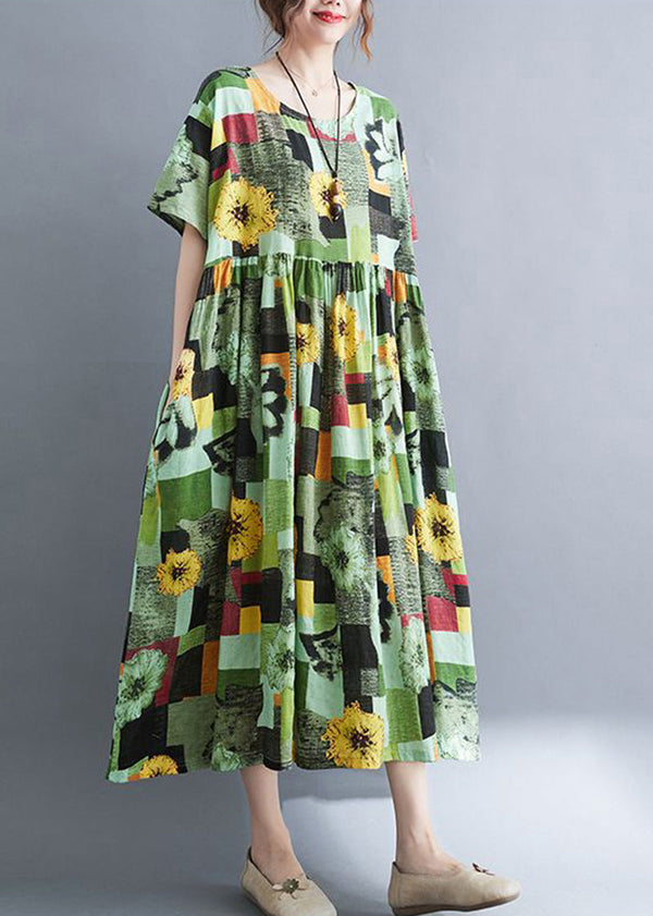 Green Print Cotton Vacation Dress Oversized Exra Large Hem Summer