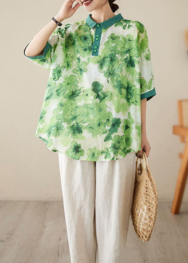 Green Print Patchwork Cotton Shirt Top Peter Pan Collar Summer