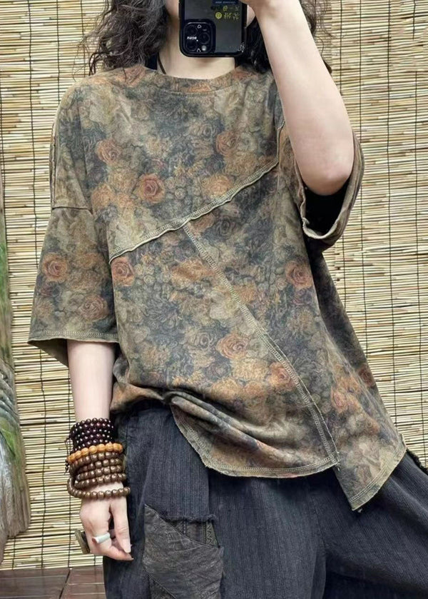 Green Print Patchwork Cotton T Shirt Top Asymmetrical Summer