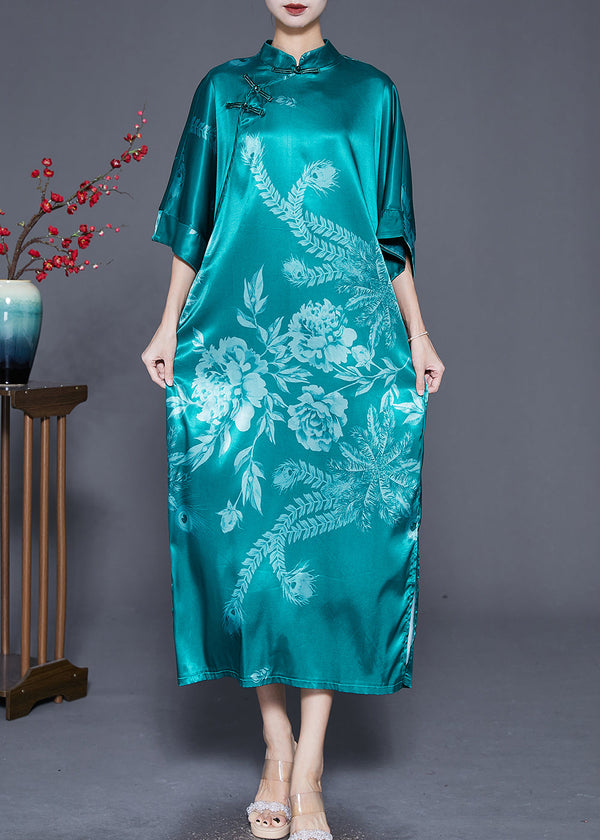 Green Print Silk Dresses Chinese Style Chinese Button Summer